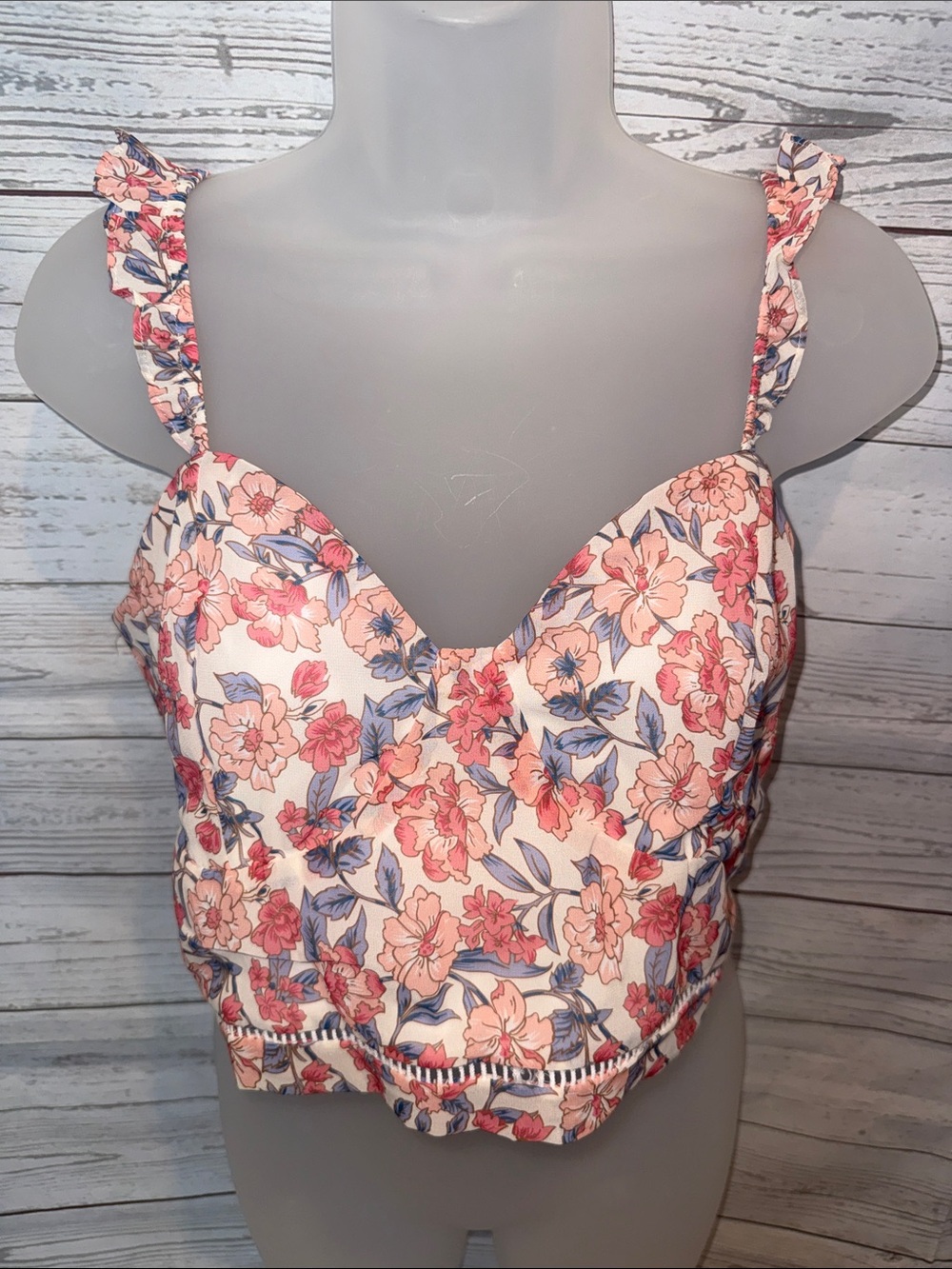 Kendall & Kylie Pink Floral Ruffle Strap Crop Top